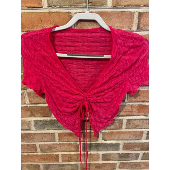 Pink Sheer Textured Cropped Top W/Drawstring Y2K 90s - Picture 1 of 6